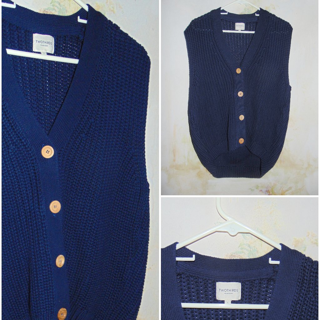 Rare Twothirds Ocean Blue Chunky Knit Womens Slouchy Boyfriend Old Money Vest L